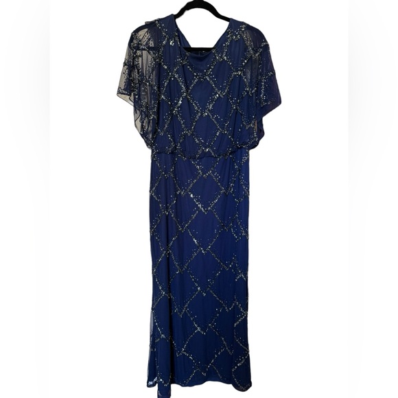Adrianna Papell HAND-BEADED BLOUSON LONG GOWN WITH FLUTTER SLEEVES IN LIGHT NAVY - Picture 6 of 16